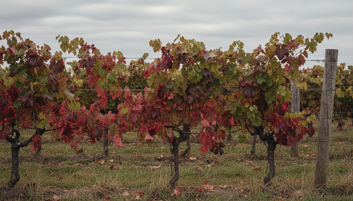 Cold-climate vineyard row with grapevine leaves showing red and purple discoloration among green foliage in early autumn
