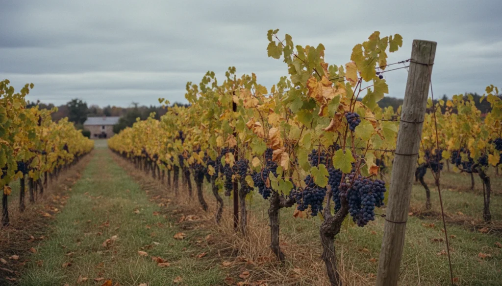Yellowing grape leaves scattered through a cold-climate vineyard row on a wire trellis under an overcast autumn sky
