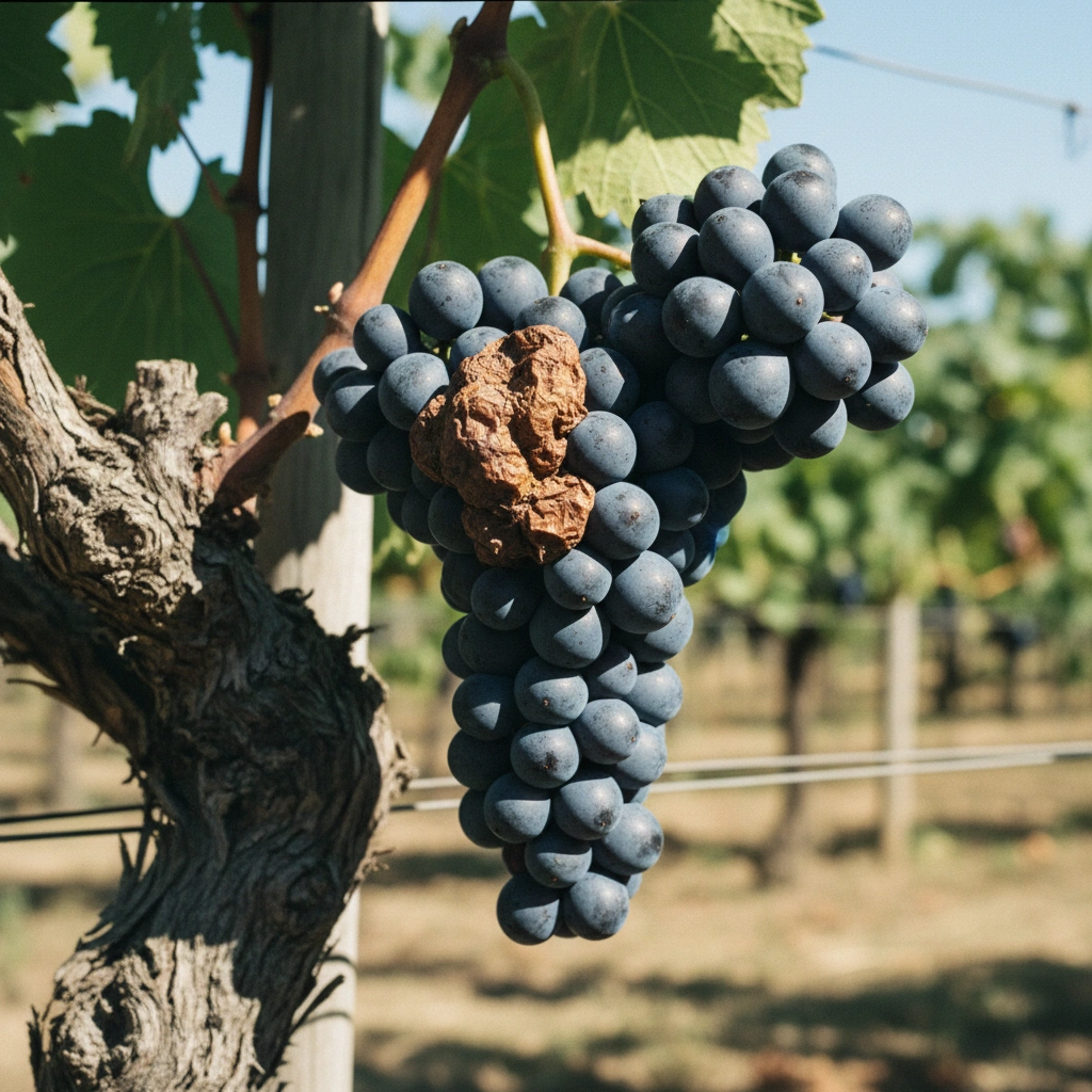Grape cluster on the vine with a brown leathery sunken patch on the sun-exposed side of the berries while the shaded side looks healthy