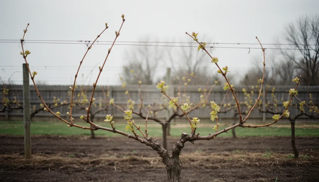 Cold-climate grape vine at bud break in early spring, bare winter-injured canes beside vines already leafing out in a home vineyard row