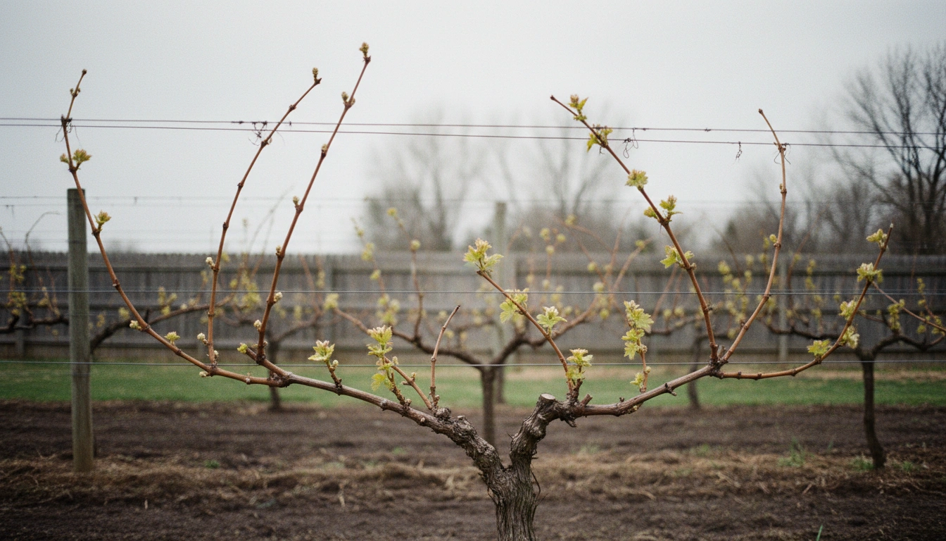 Cold-climate grape vine at bud break in early spring, bare winter-injured canes beside vines already leafing out in a home vineyard row