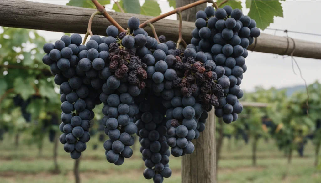 Grape cluster on the vine with several berries shriveled and raisin-like next to plump healthy berries in a cold-climate vineyard