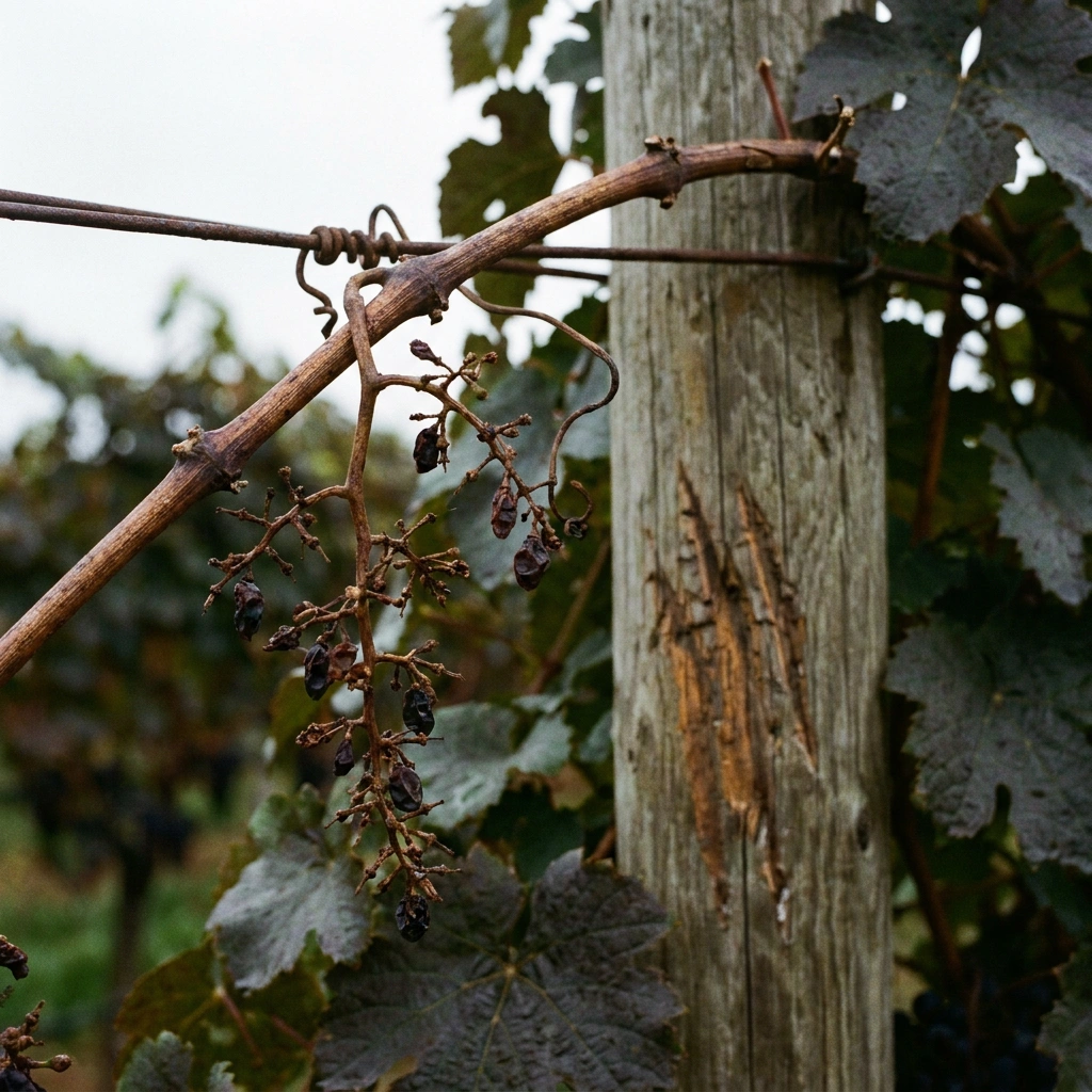 Deer, Raccoons, and Wasps Eating Your Grapes: How to Identify the Culprit and Stop It 1 Grape cluster with most berries gone and the rest shriveled, next to a wooden trellis post with claw-like gouges in the wood