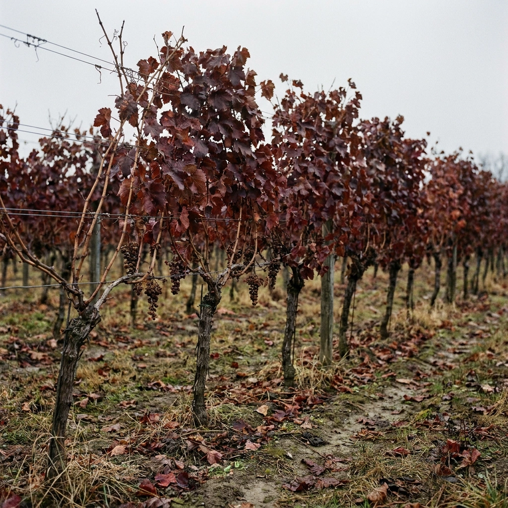 Vineyard row of a red-fruited grape variety showing uniform deep red and burgundy leaf color in late autumn after harvest