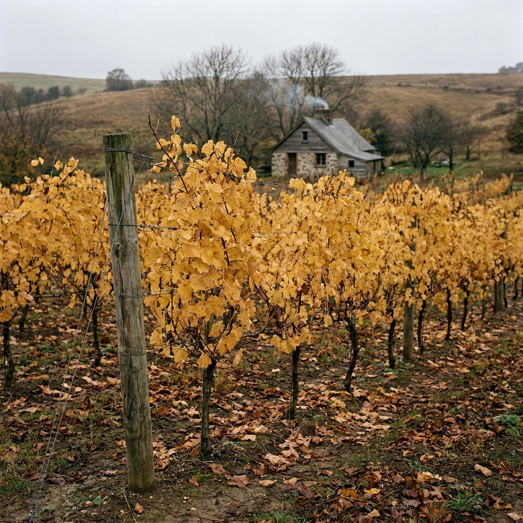 Cold-climate vineyard row with a uniform golden-yellow canopy in late autumn, normal seasonal senescence rather than disease