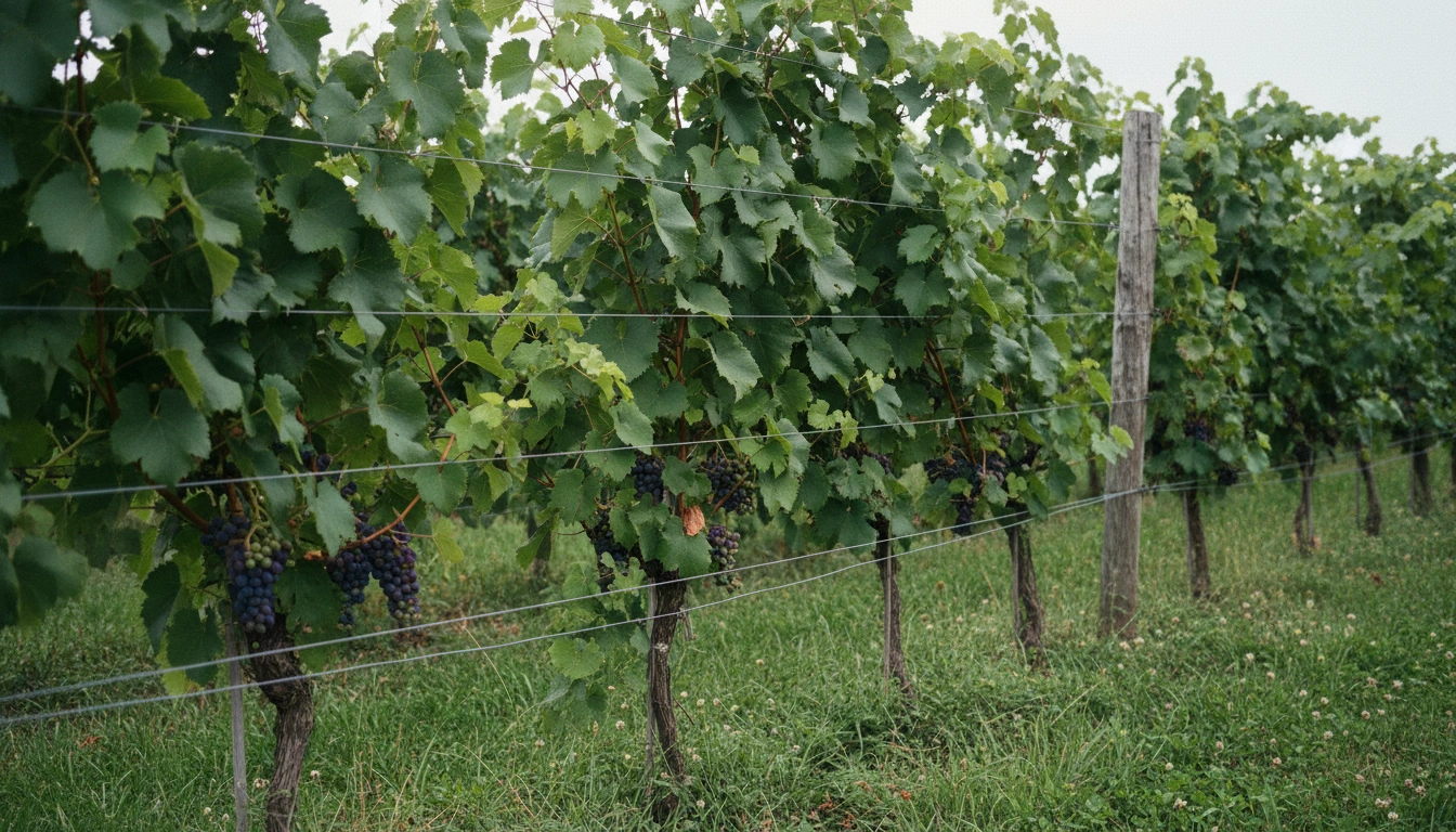 Wire-trellised cold-climate grapevine row with small dark grape clusters among the leaves