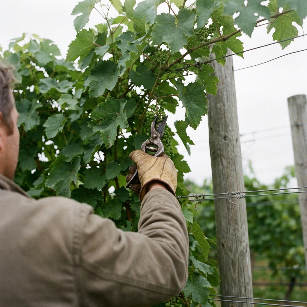 Gardener using bypass pruning shears to thin a small green grape cluster during summer cluster thinning