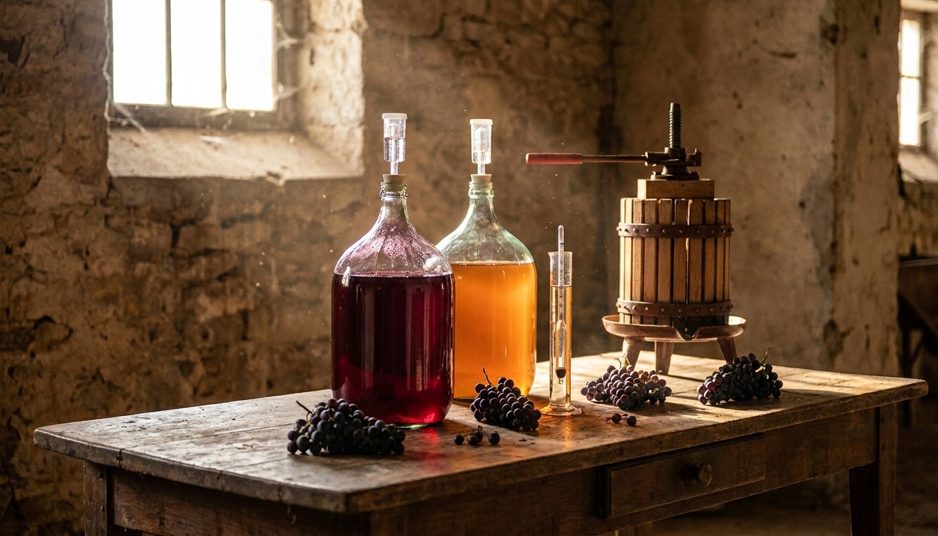 Glass carboys with airlocks and a wooden basket wine press on a rustic table, home winemaking equipment