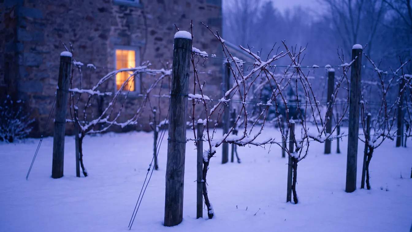 Vine Companion: a Free Grape Vine App 9 Small backyard vineyard under fresh snow at dusk