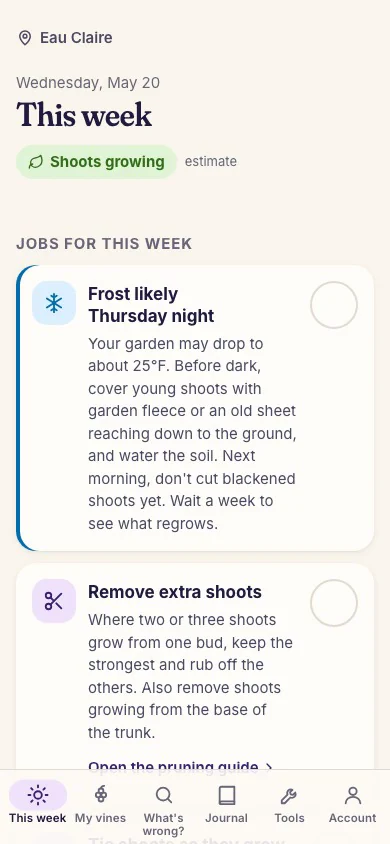 Vine Companion app screen: frost likely Thursday night, with what to do
