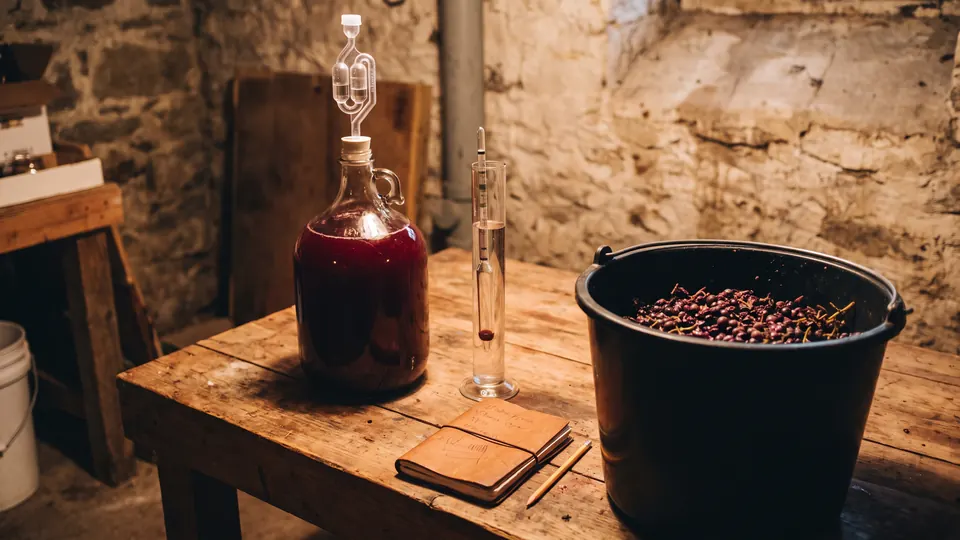 Vine Companion: a Free Grape Vine App 6 Home winemaking: a carboy of young red wine, a hydrometer and crushed grapes
