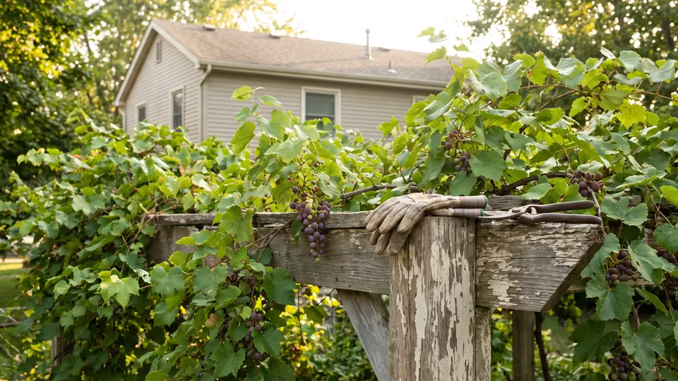 Vine Companion: a Free Grape Vine App 4 Backyard grapevines growing over a wooden pergola next to a house